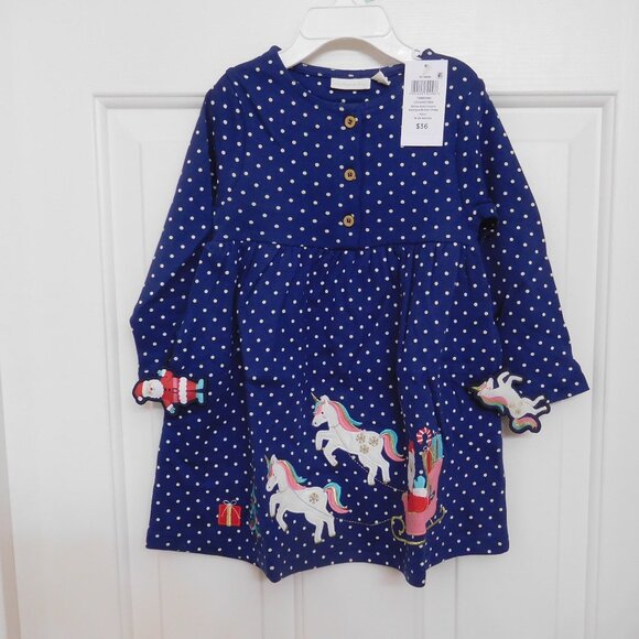NWT JoJo Maman Bebe Navy Dot Santa Unicorns Dress sz 18-24 Months - Picture 1 of 2